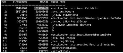 Figure 4: sortie jmap une heure après le démarrage de l'application, montrant plus de 25 millions d'instances de la classe CelleData