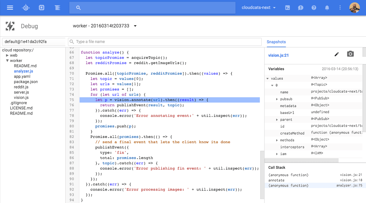 Screenshot of the Google Cloud Debugger for node.js