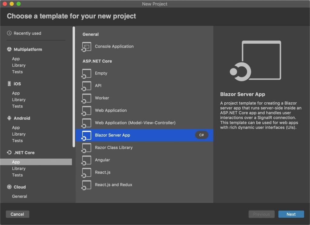 Visual Studio 2019 for Mac Adds  Core Blazor Server Applications