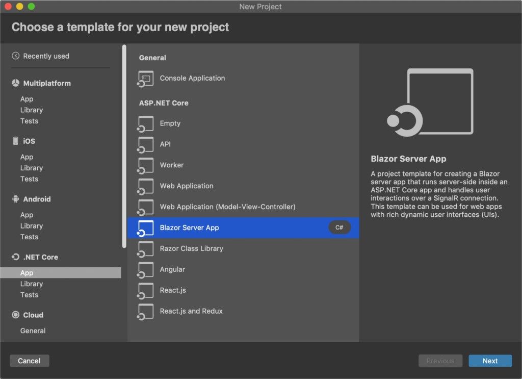 visual studio for mac start new project