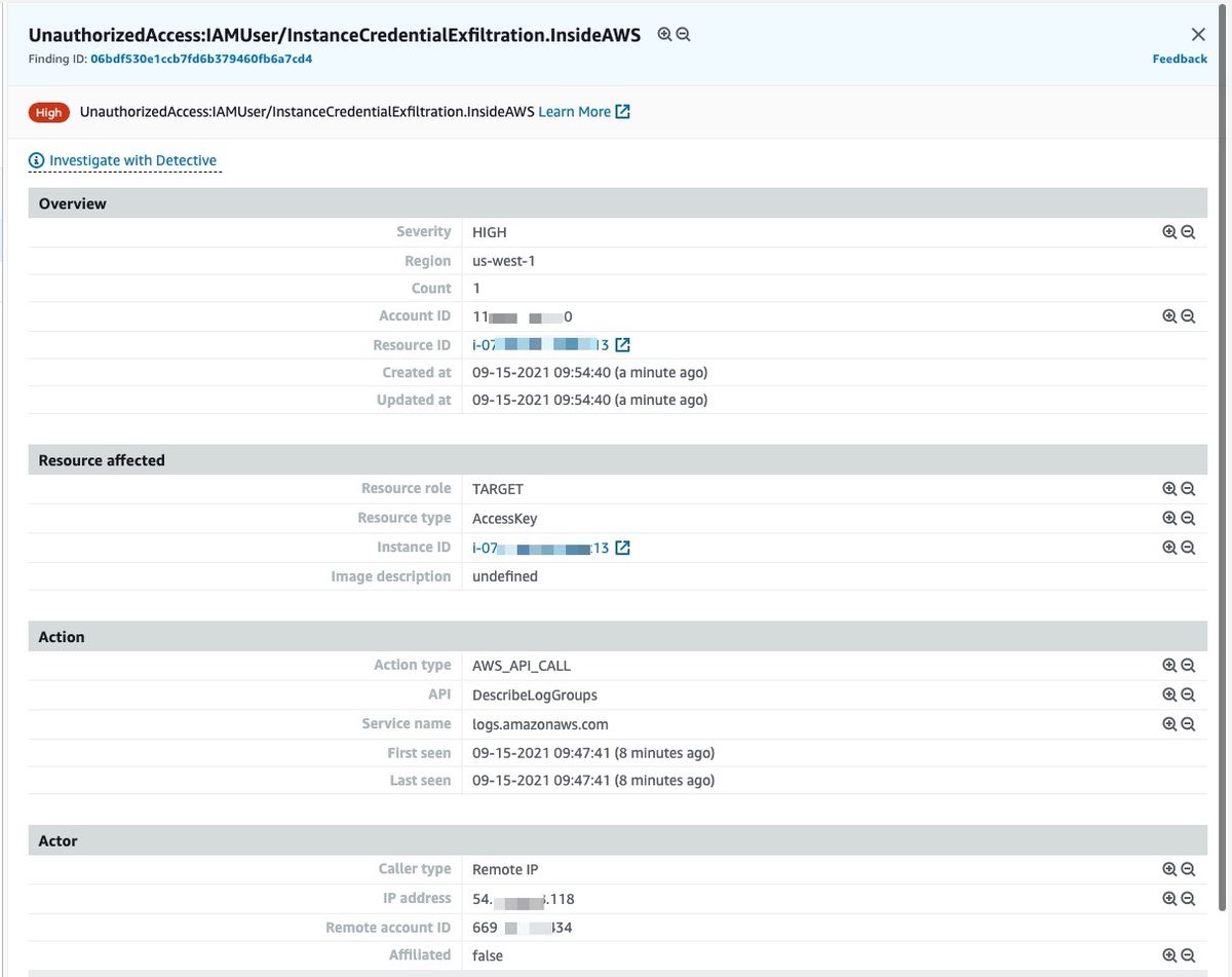 GuardDuty showing an alert from detecting the use of EC2 instance credentials