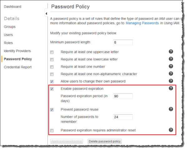 IAM password policy dialog