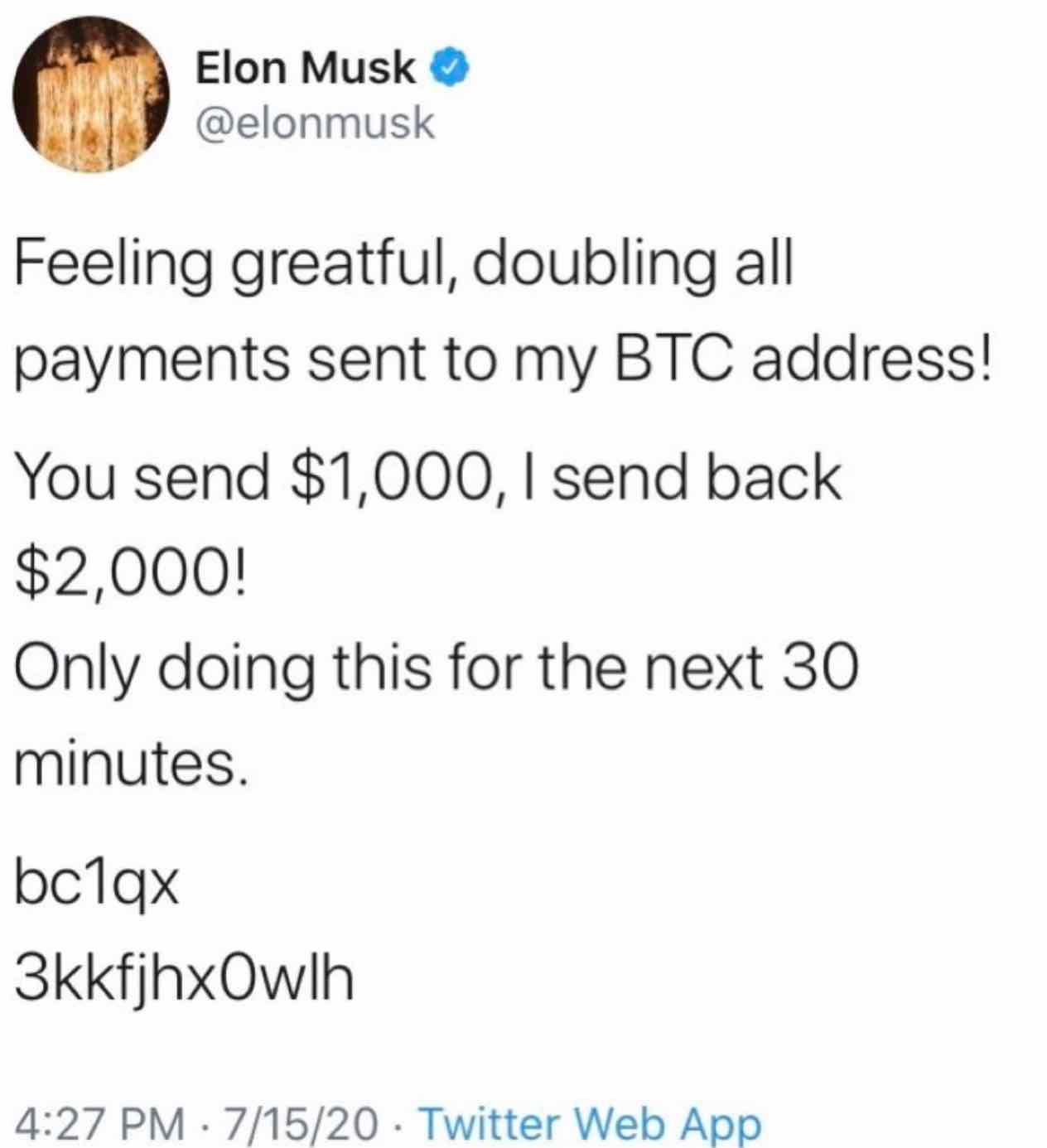 Hacked tweet from Elon Musk
