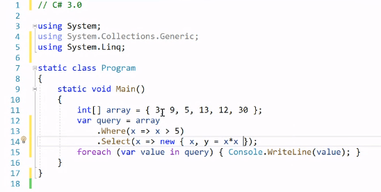 Figure 3: Sample code in C# 3.0 syntax, with Where and Select LINQ statements