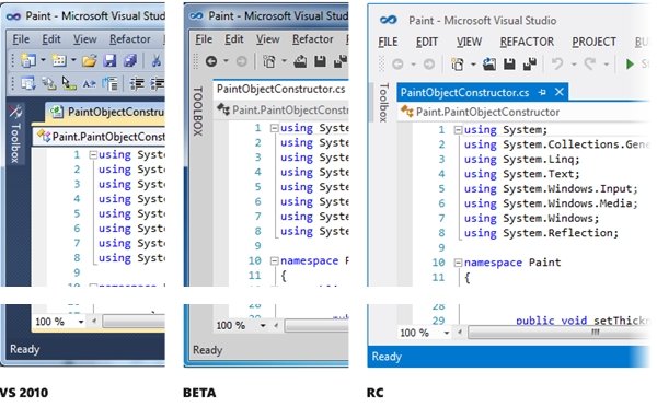 Thumbnail comparison of VS2010, VS11 Beta, and VS11 RC