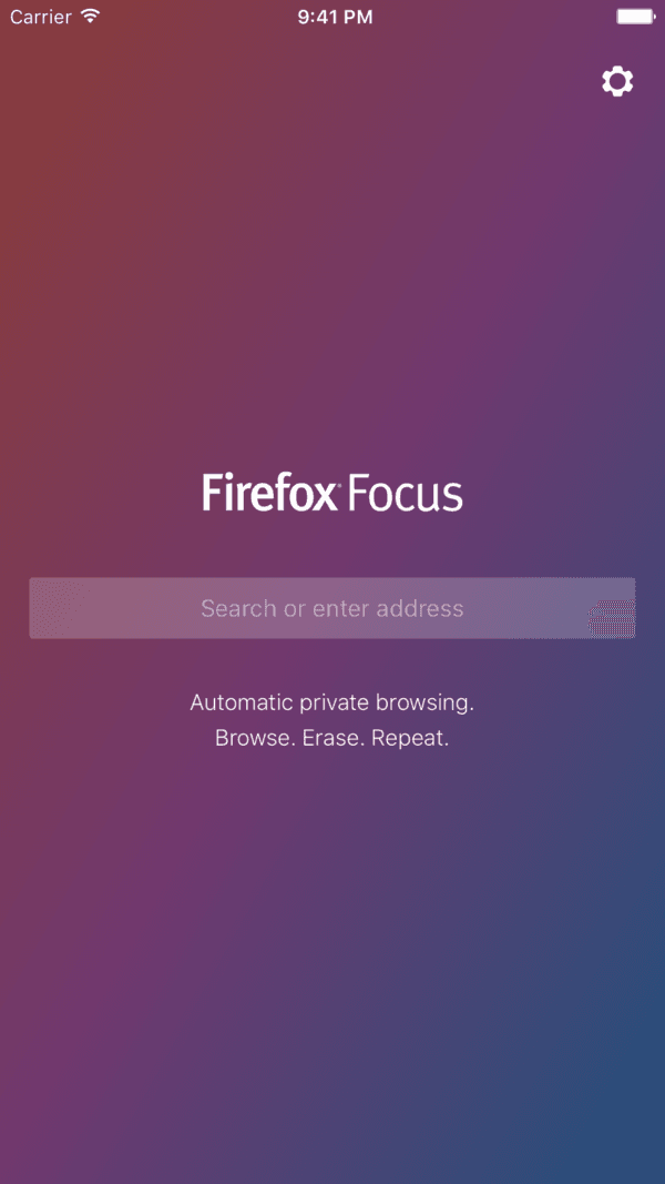 screenshot of Firefox Focus 2.0 on iOS showing the main page with its sole search bar.