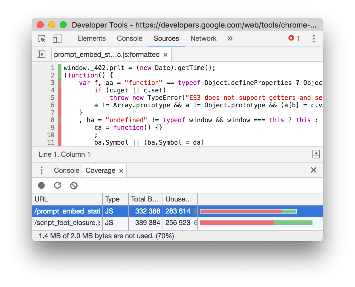 Screenshot of the DevTools coverage profiler showing inline tips on what portions of the actual code are in use or not.