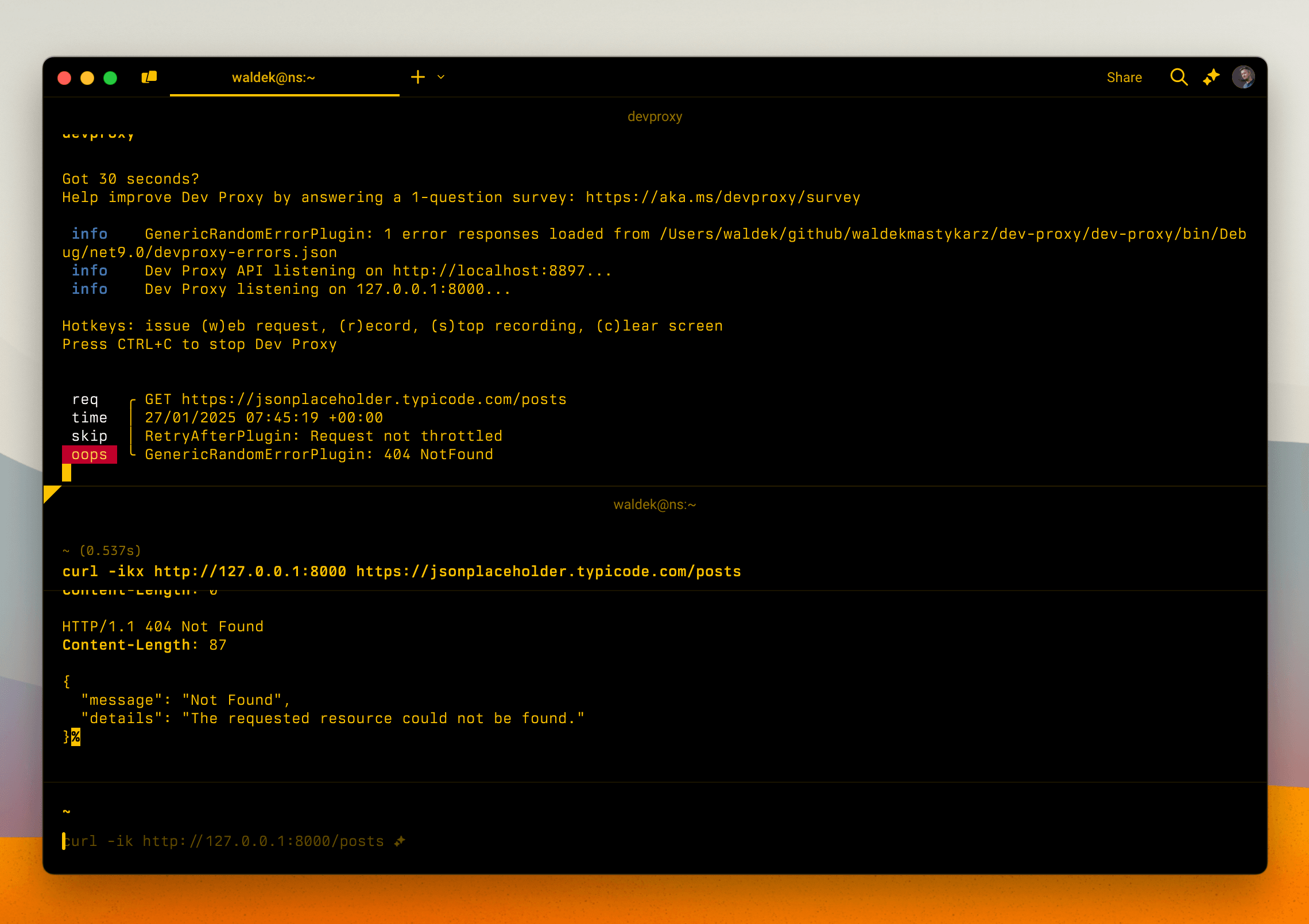 DevProxy output highlighting the intercepted request timestamp